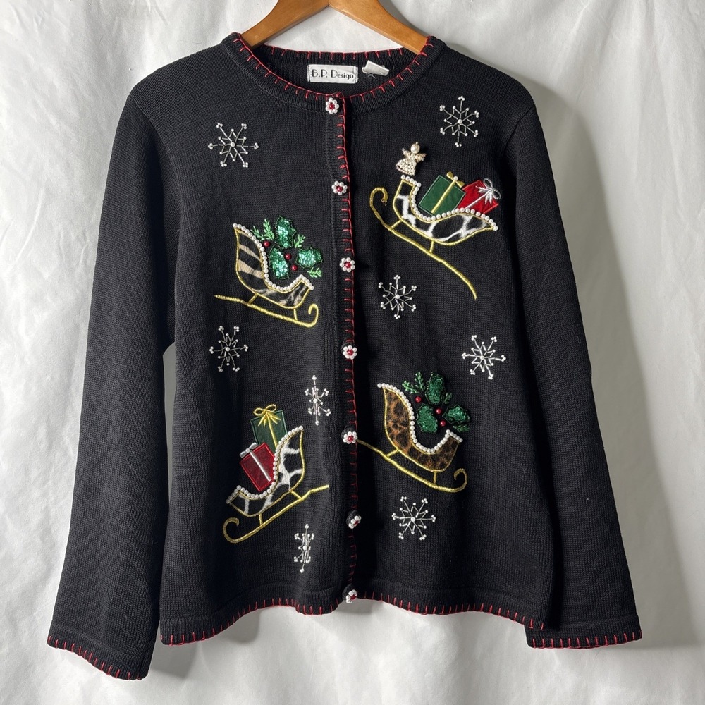 B.P Design‎ Long Sleeve Cardigan L Embroidered Pearl Sweater Holiday Sleigh